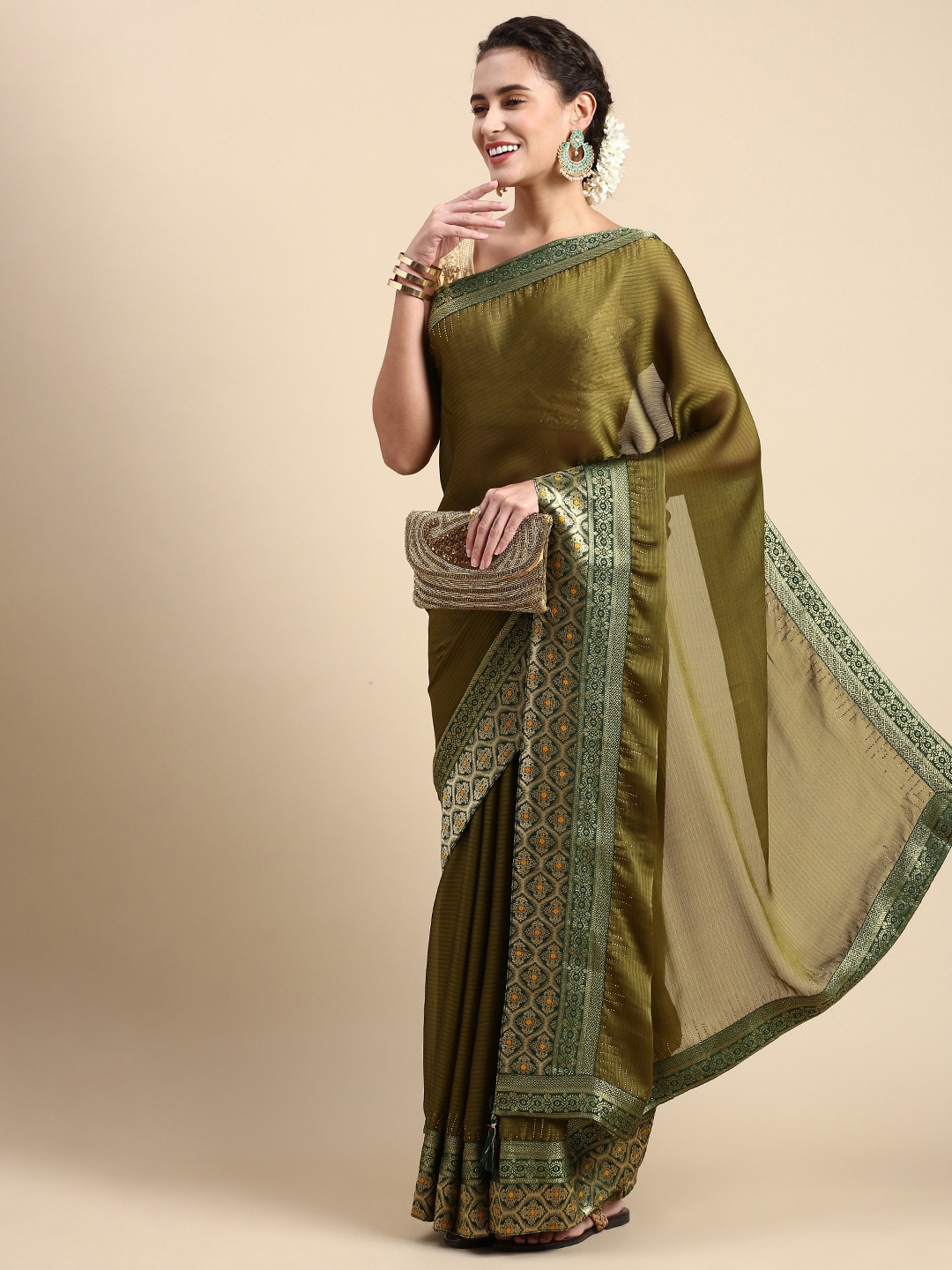 

Mitera Striped Beads & Stones Saree, Green