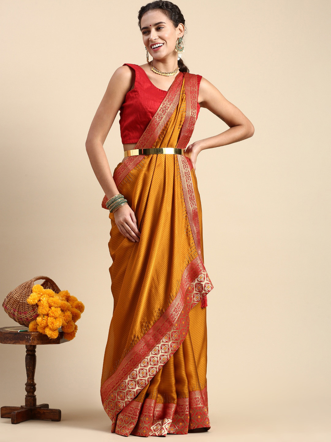 

Mitera Mustard & Red Striped Embroidered Saree