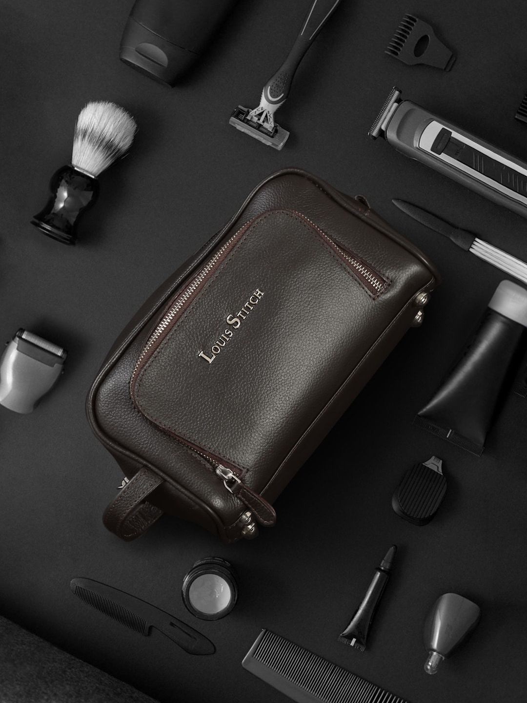 

LOUIS STITCH Italian Leather Travel Toiletry Kit, Brown