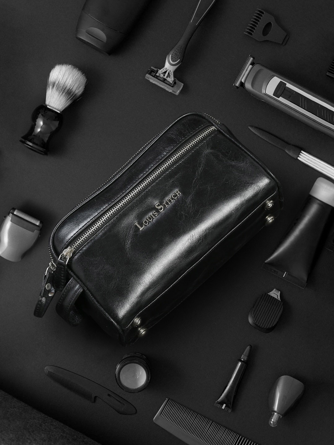 

LOUIS STITCH Leather Travel Toiletry Kit, Black