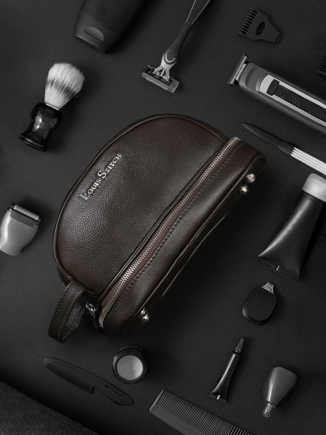 

LOUIS STITCH Leather Travel Toiletry Kit, Brown