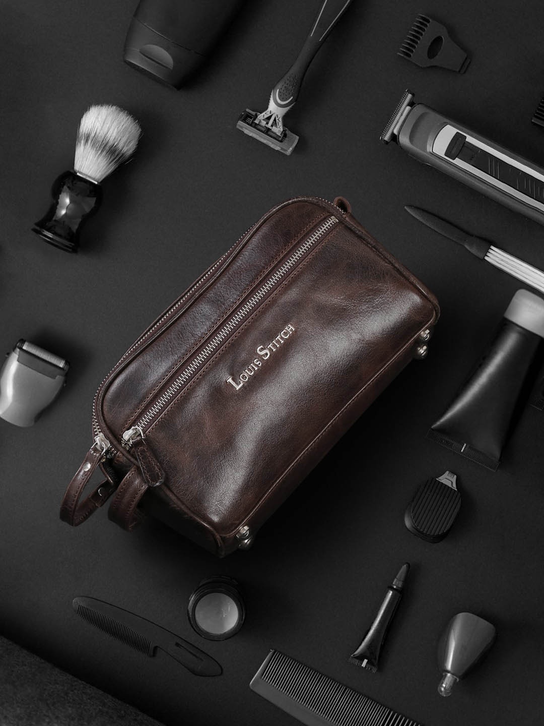 

LOUIS STITCH Leather Travel Toiletry Kit, Brown