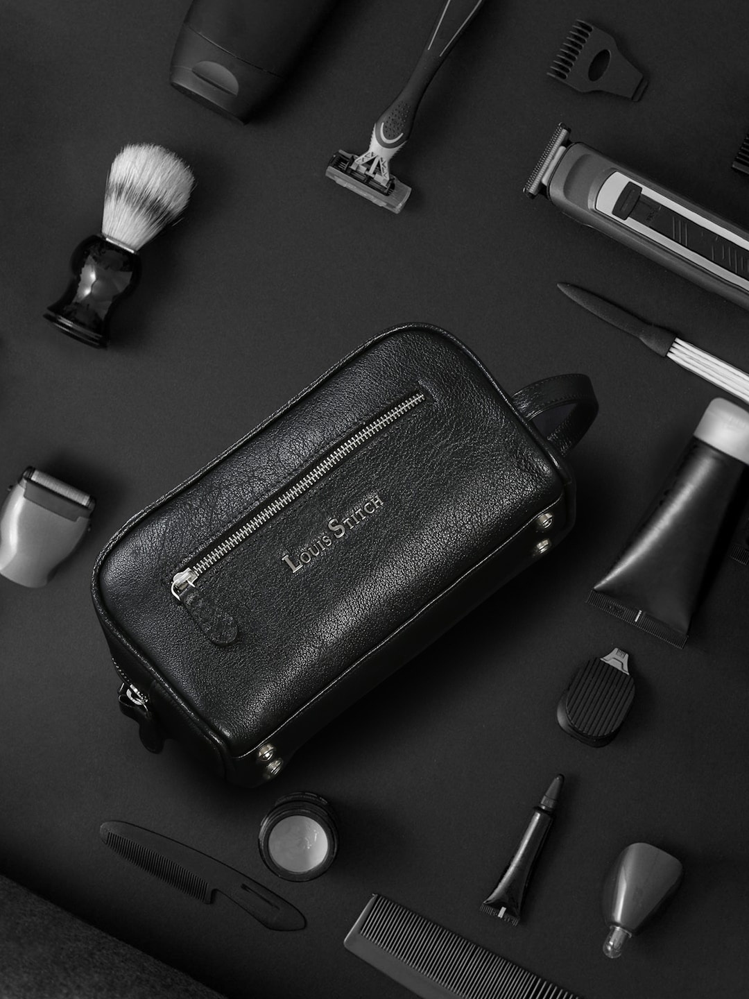 

LOUIS STITCH Leather Travel Toiletry Kit, Black