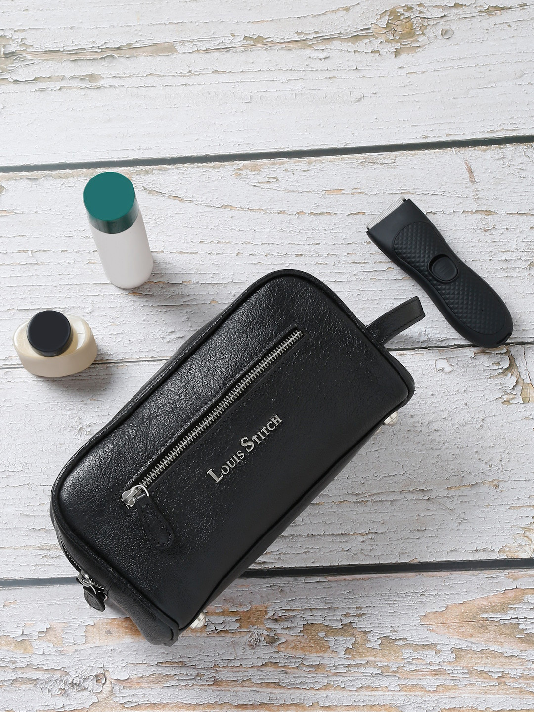 

LOUIS STITCH Leather Travel Toiletry Kit, Black