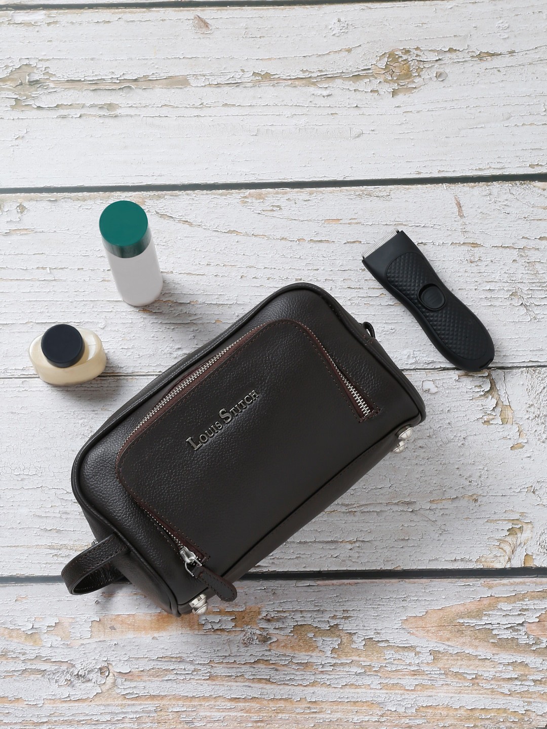

LOUIS STITCH Leather Travel Toiletry Kit, Brown