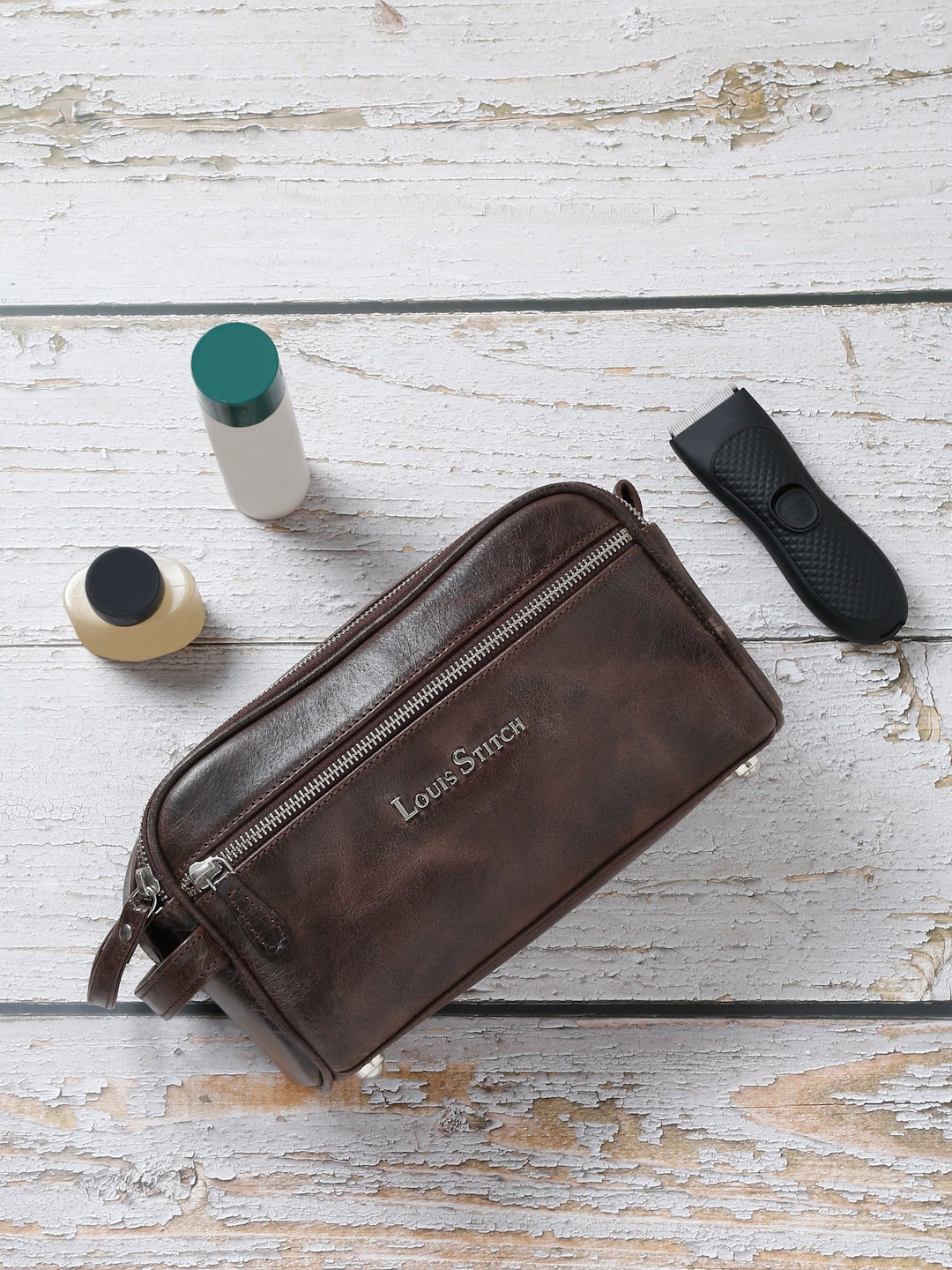 

LOUIS STITCH Leather Travel Toiletry Kit, Brown