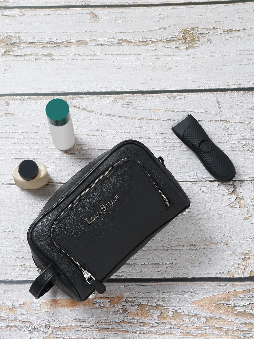 

LOUIS STITCH Leather Travel Toiletry Kit, Black
