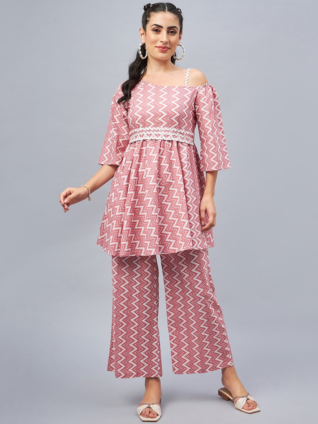 

WineRed Printed One-Shoulder Neck Pure Cotton Ethnic Co-Ords, Pink