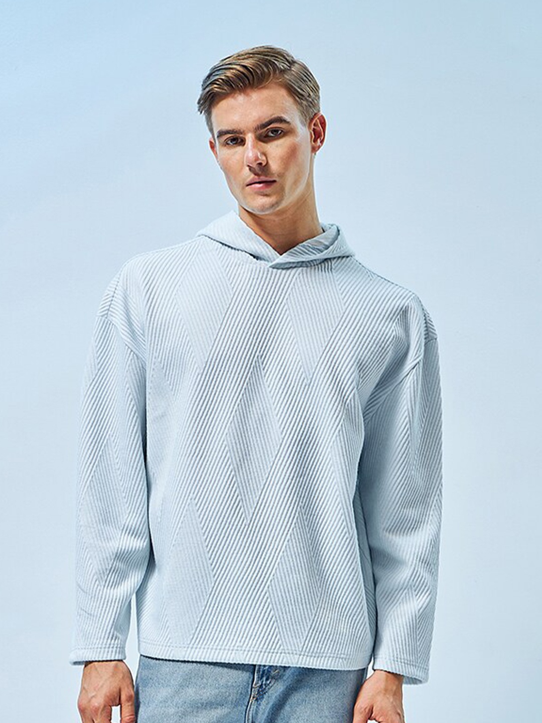 

Bewakoof Textured Hooded Oversized Pullover Sweatshirt, Blue