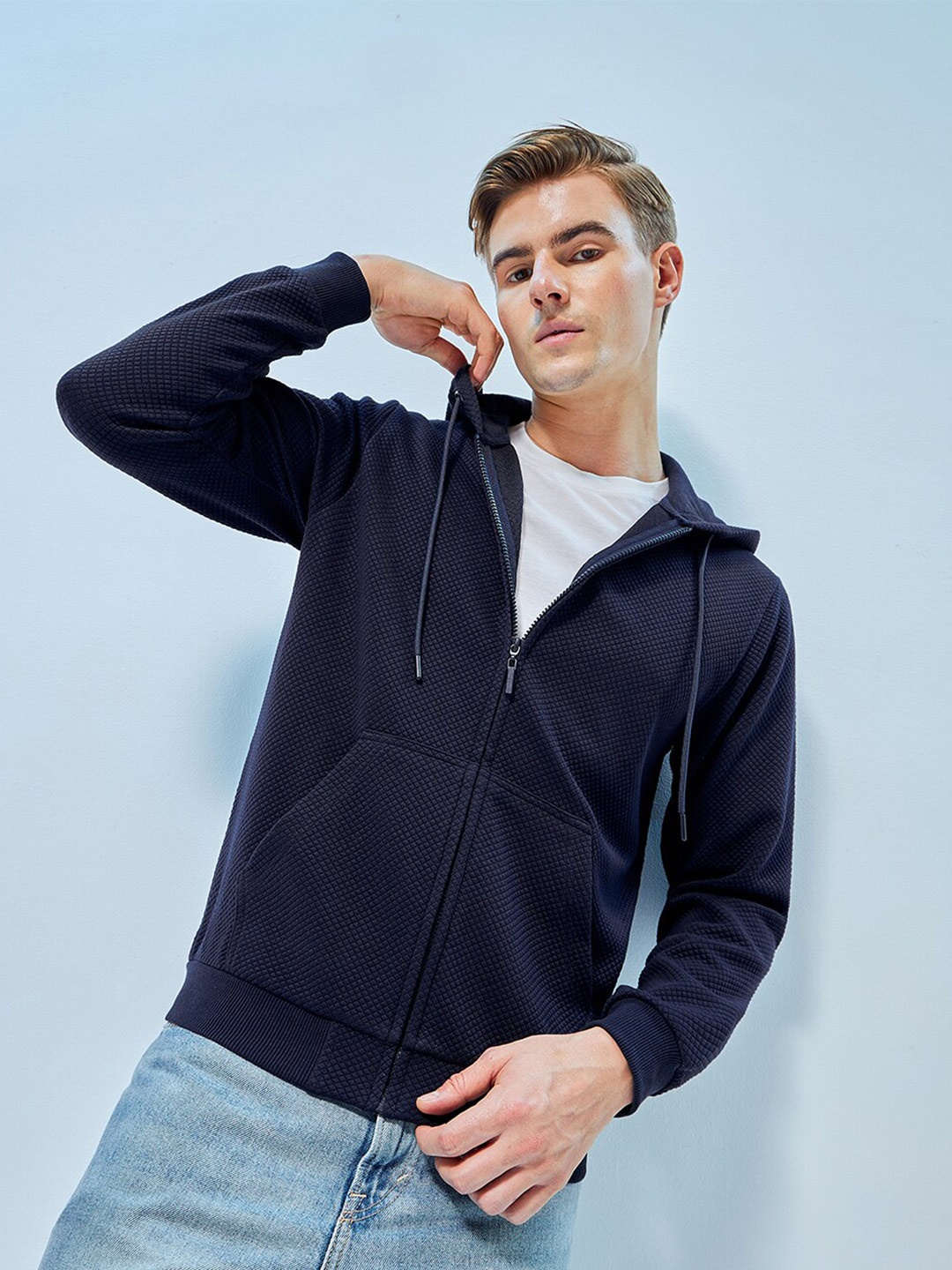 

Bewakoof Hooded Front-Open Sweatshirt, Blue