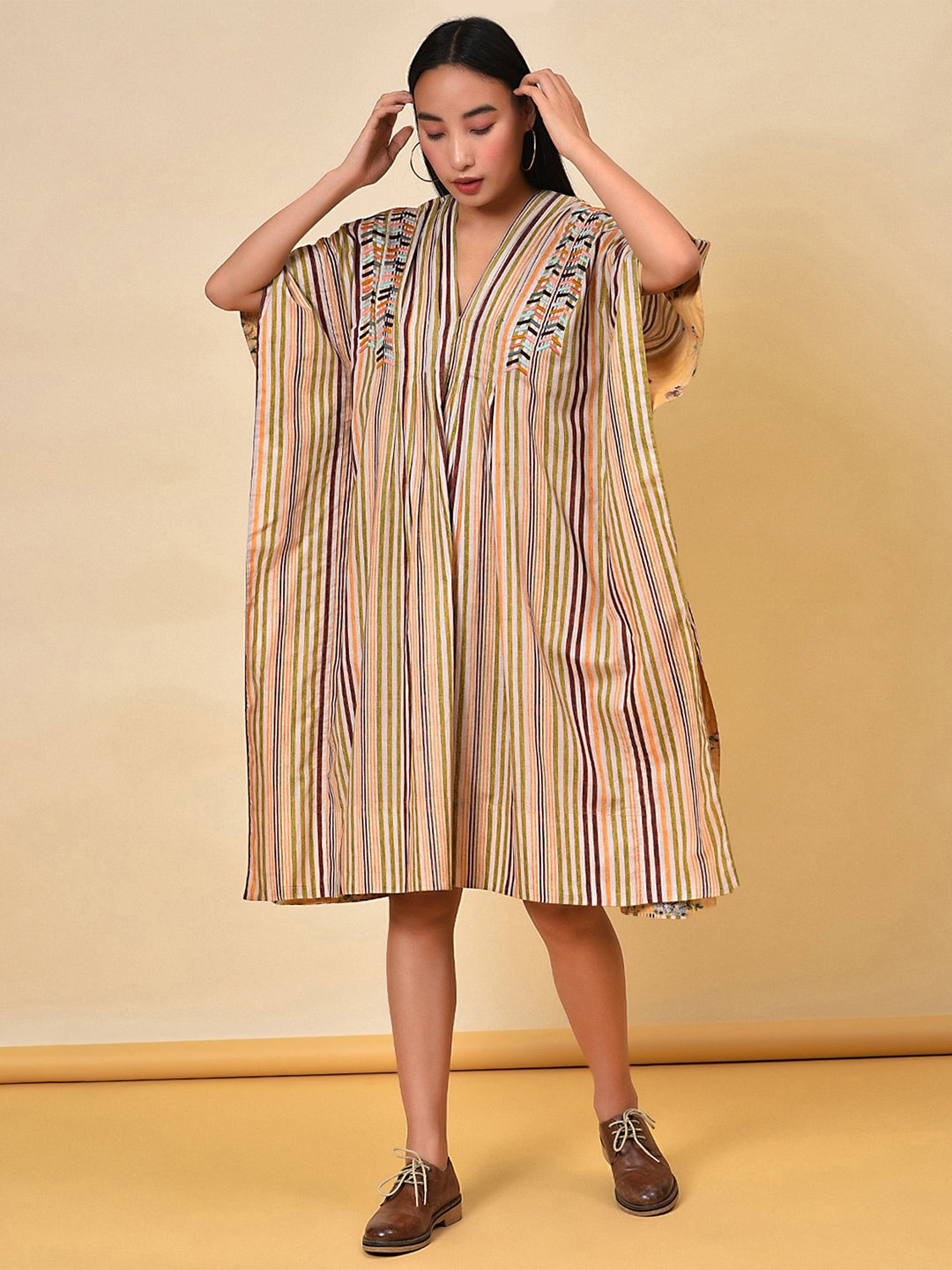 

NUHH V-MNeck Striped Cotton Kaftan Dress, Cream