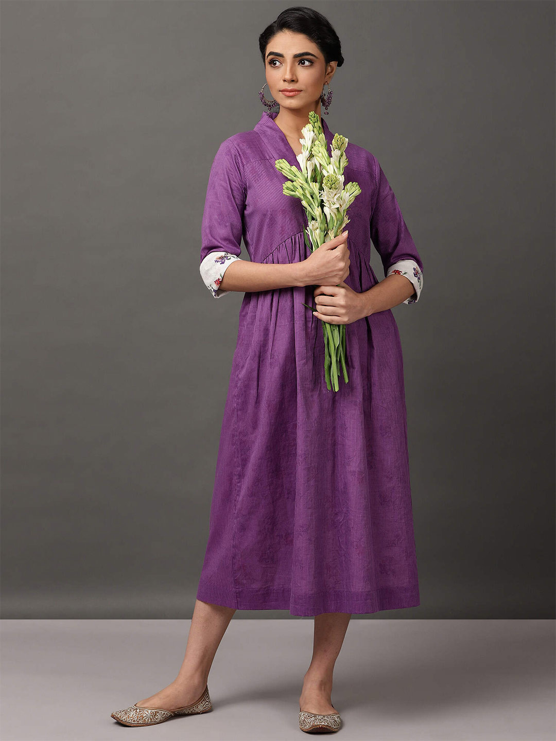 

NUHH Striped V-Neck Gathered Cotton Fit & Flare Midi Dress, Purple