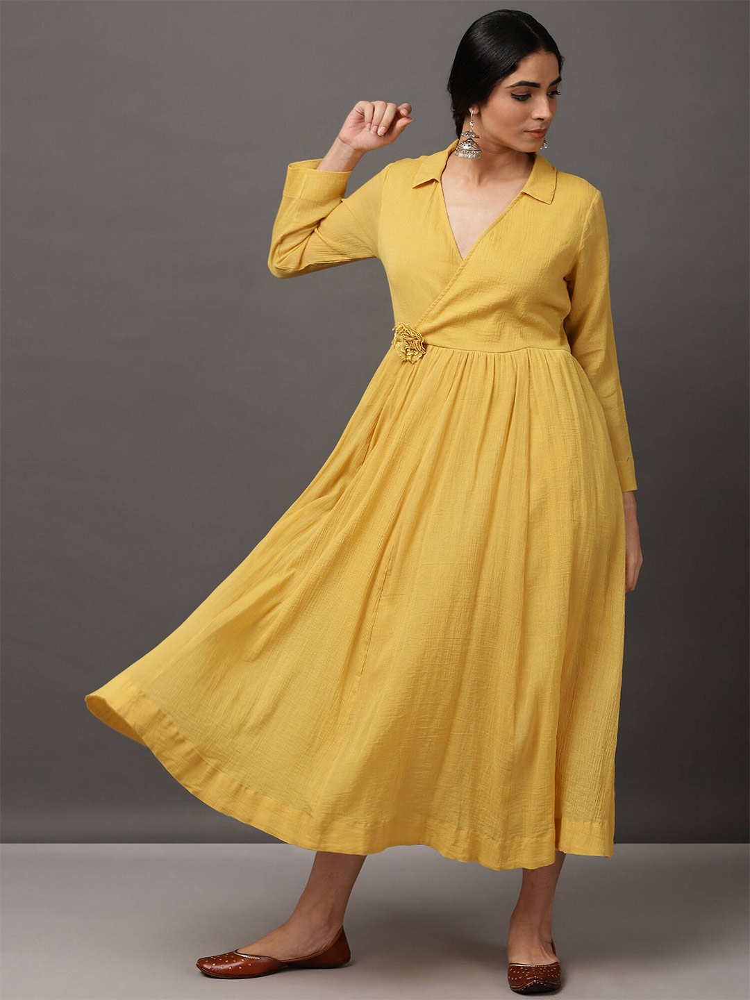

NUHH Self Design Shirt Collar Fit and Flare Dress, Yellow
