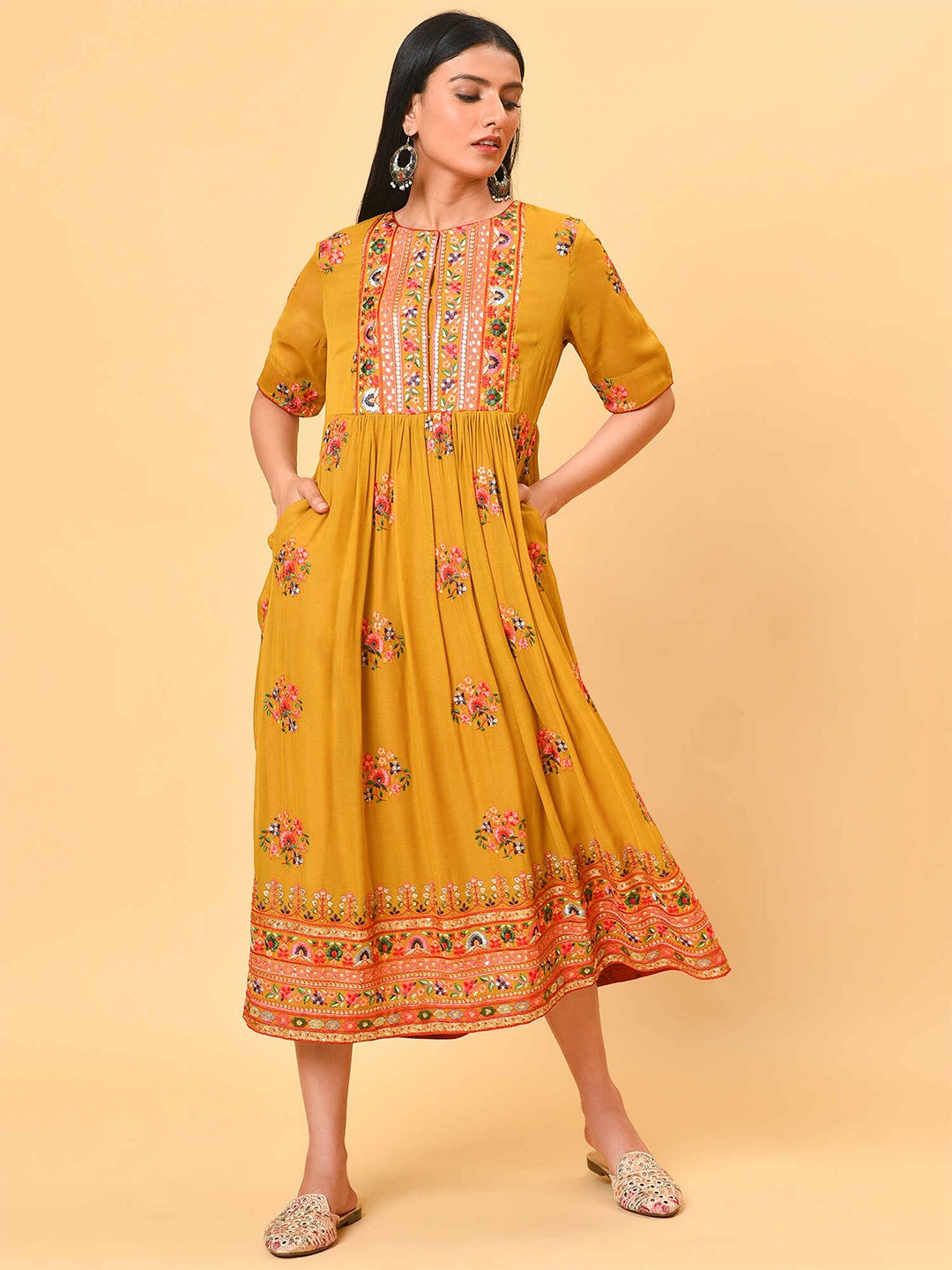 

NUHH Floral Printed Georgette A-Line Midi Ethnic Dress, Mustard