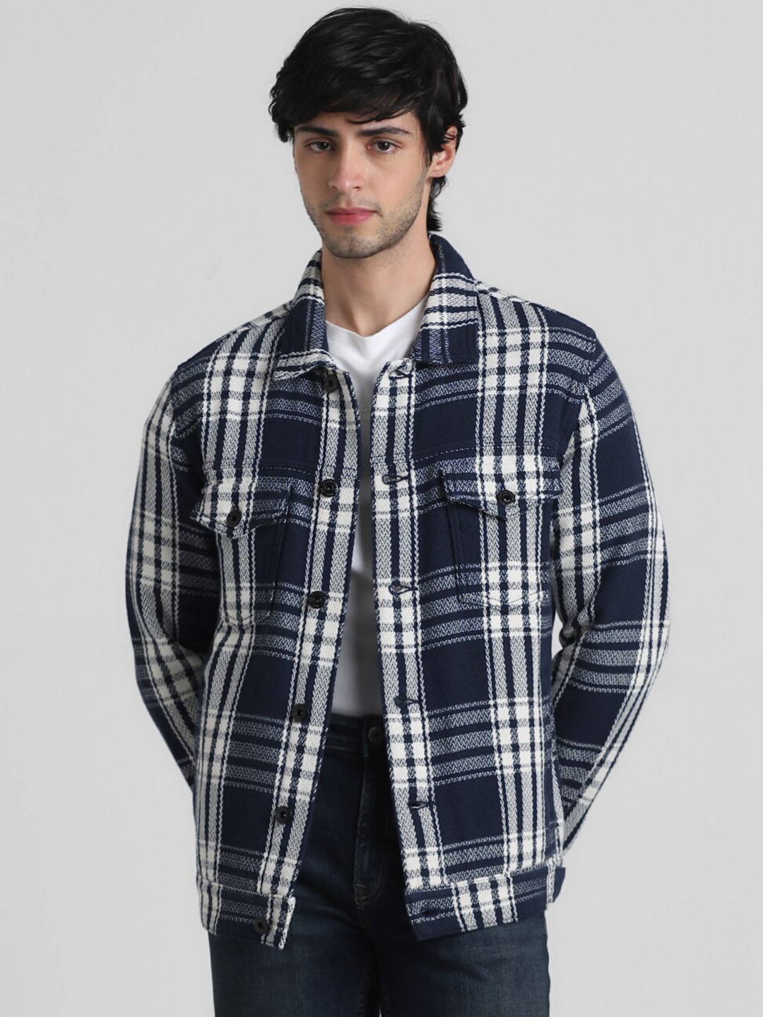 

Jack & Jones Checked Pure Cotton Tailored Jacket, Navy blue