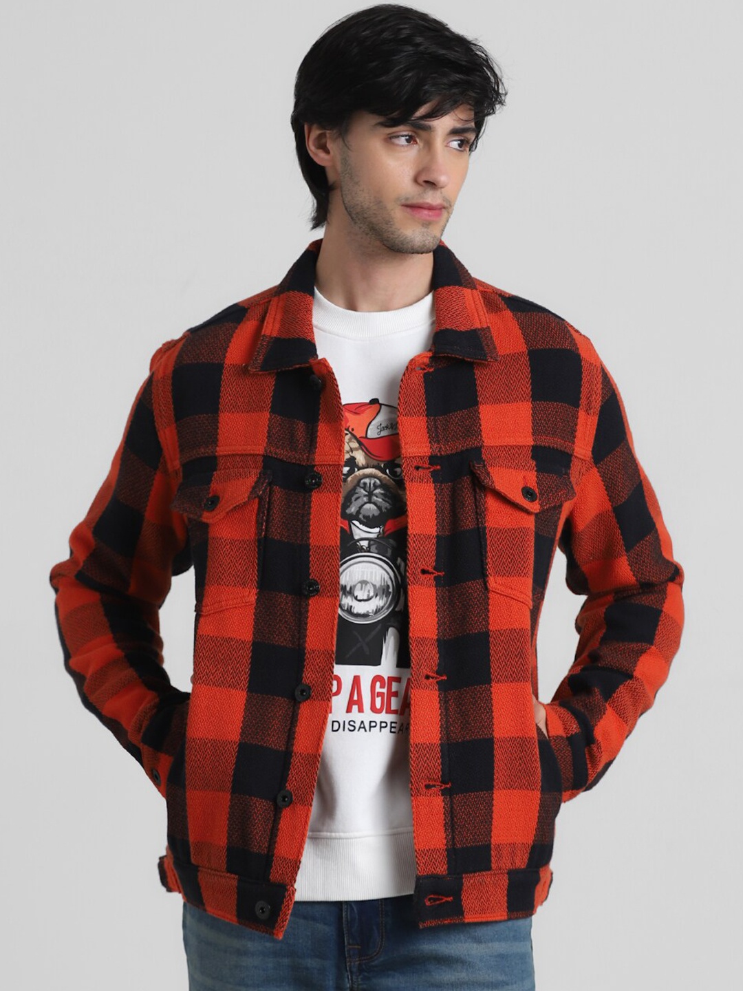 

Jack & Jones Gingham Checked Spread Collar Pure Cotton Shacket, Orange