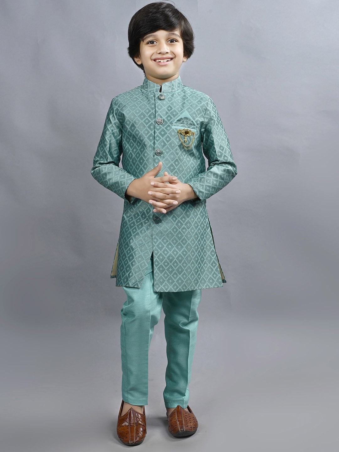 

ahhaaaa Boys Embroidered Mandarin Collar Sherwani Set, Blue