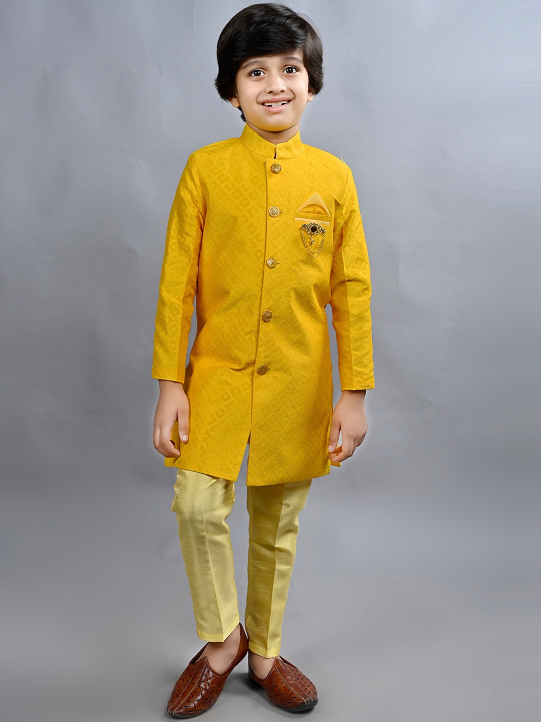 

ahhaaaa Boys Embroidered Indo-Western Sherwani Set, Yellow