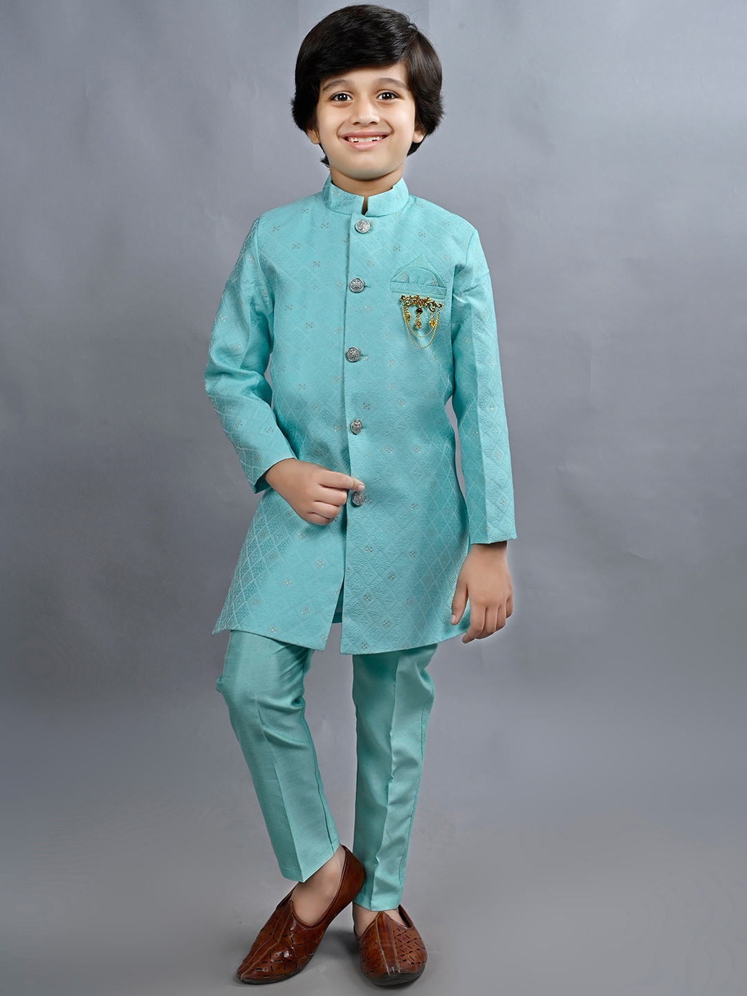 

ahhaaaa Boys Embroidered Indo-Western Sherwani, Blue