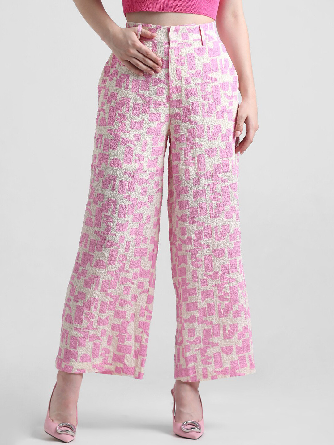 

ONLY Women Geometric Printed High-Rise Trousers, Pink