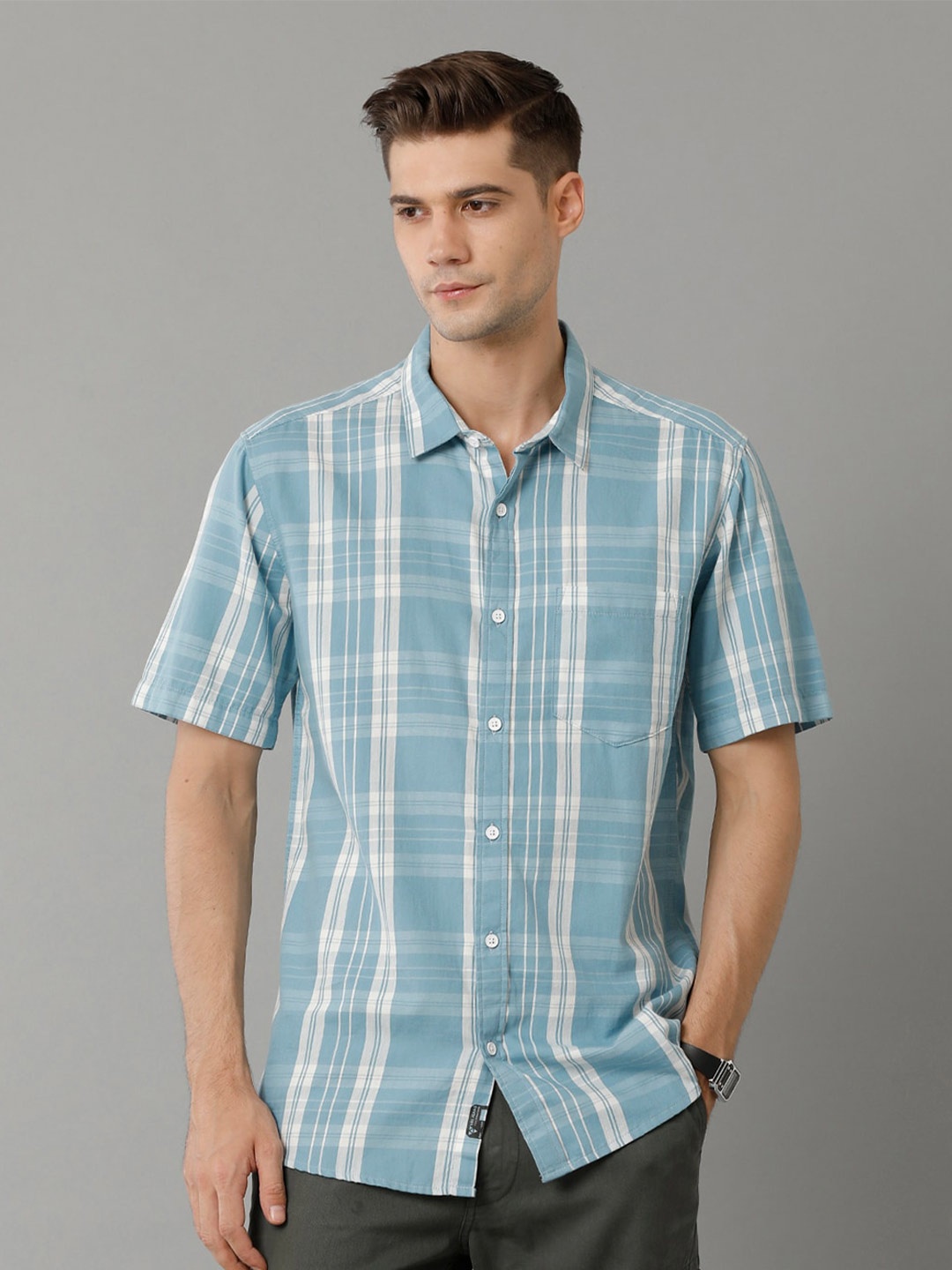 

Voi Jeans Tartan Checked Slim Fit Pure Cotton Casual Shirt, Blue