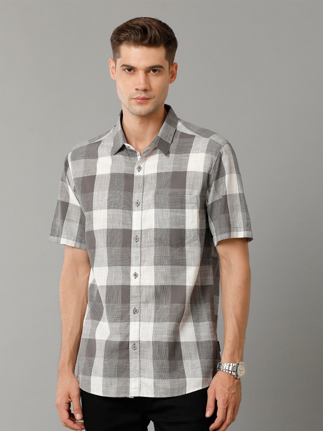 

Voi Jeans Gingham Checked Slim Fit Pure Cotton Casual Shirt, Grey