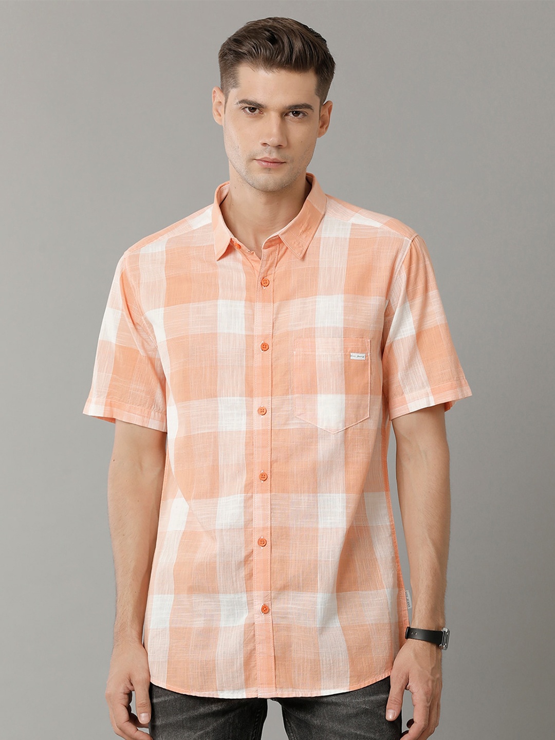 

Voi Jeans Gingham Checked Slim Fit Pure Cotton Casual Shirt, Orange