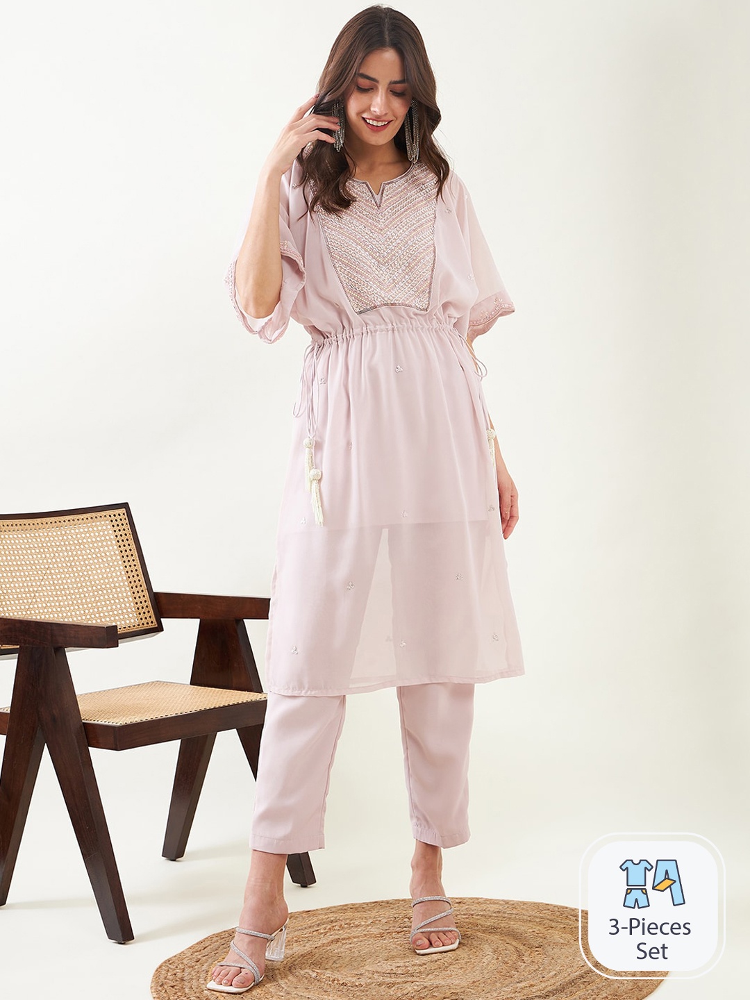 

The Kaftan Company Ethnic Motifs Embroidered Work Kurta with Trousers, Lavender