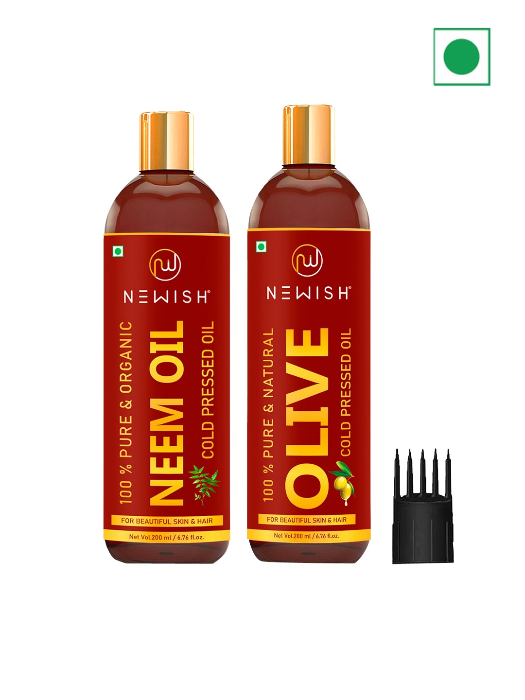 

NEWISH Set of 2 100% Pure & Organic Cold Pressed Skin & Hair Oil 200ml Each-Neem & Olive, Brown