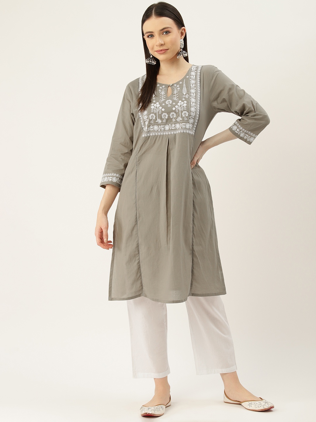 

MISRI Women Ethnic Motifs Embroidered Regular Thread Work Pure Cotton Kurta with Trousers, Grey