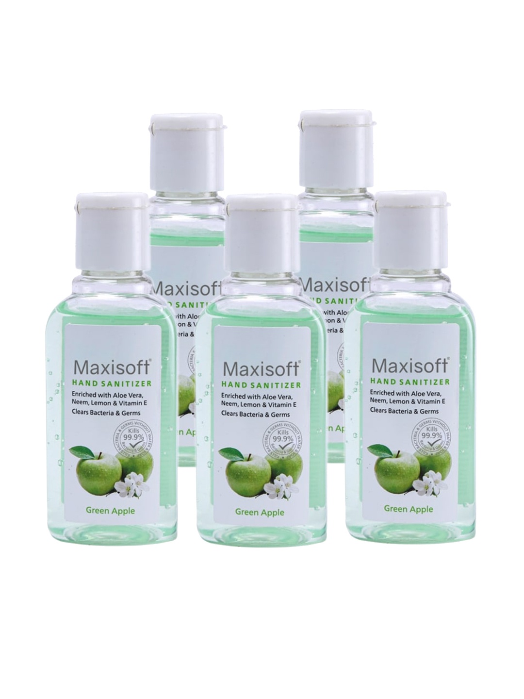 

Maxisoft Set of 5 Green Apple Hand Sanitizer Gel with Aloe Vera & Neem - 60 ml Each