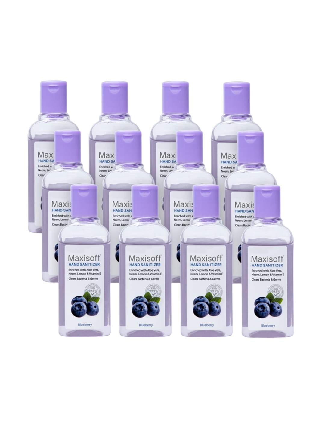 

Maxisoft Set of 12 Blueberry Hand Sanitizer with Aloe Vera & Neem - 100 ml Each, Lavender