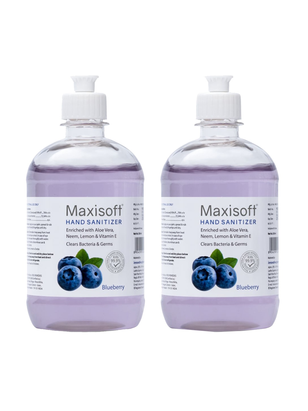 

Maxisoft Set of 2 Blueberry Hand Sanitizer with Aloe Vera & Neem - 500 ml Each, Lavender