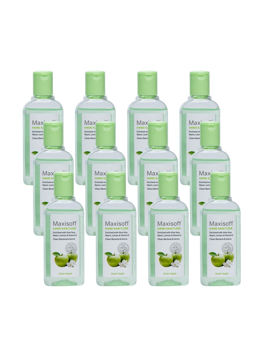 

Maxisoft Set of 12 Green Apple Hand Sanitizer Gel with Aloe Vera & Neem - 100 ml Each