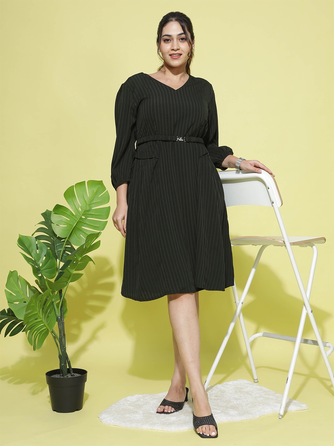 

9shines Label Plus Size Striped Puff Sleeves A-Line Belted Dress, Green
