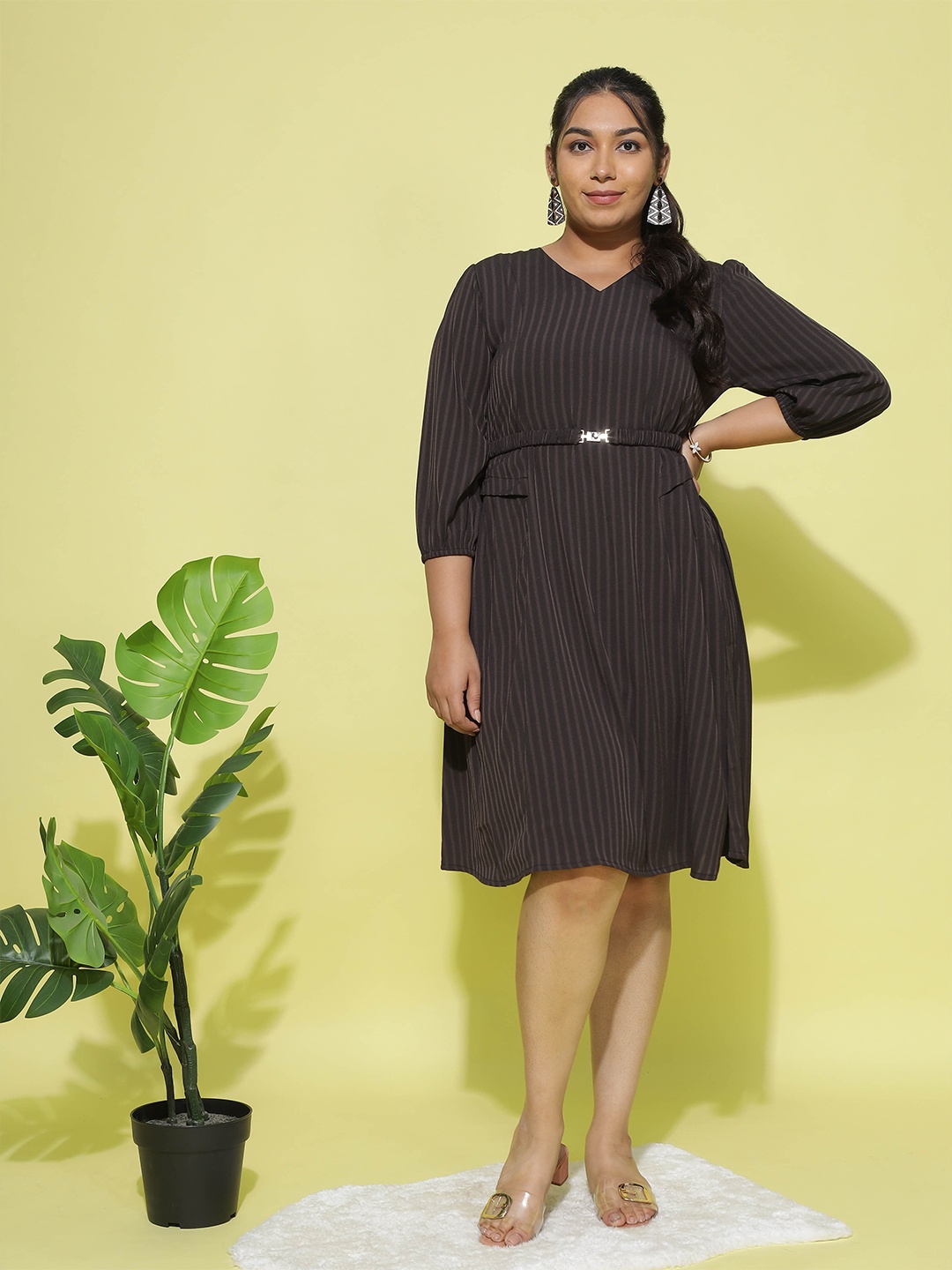 

9shines Label Plus Size Striped Puff Sleeves A-Line Dress, Black