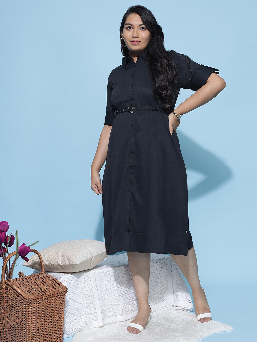 

9shines Label Plus Size Roll-Up Sleeves Shirt Midi Belted Dress, Black