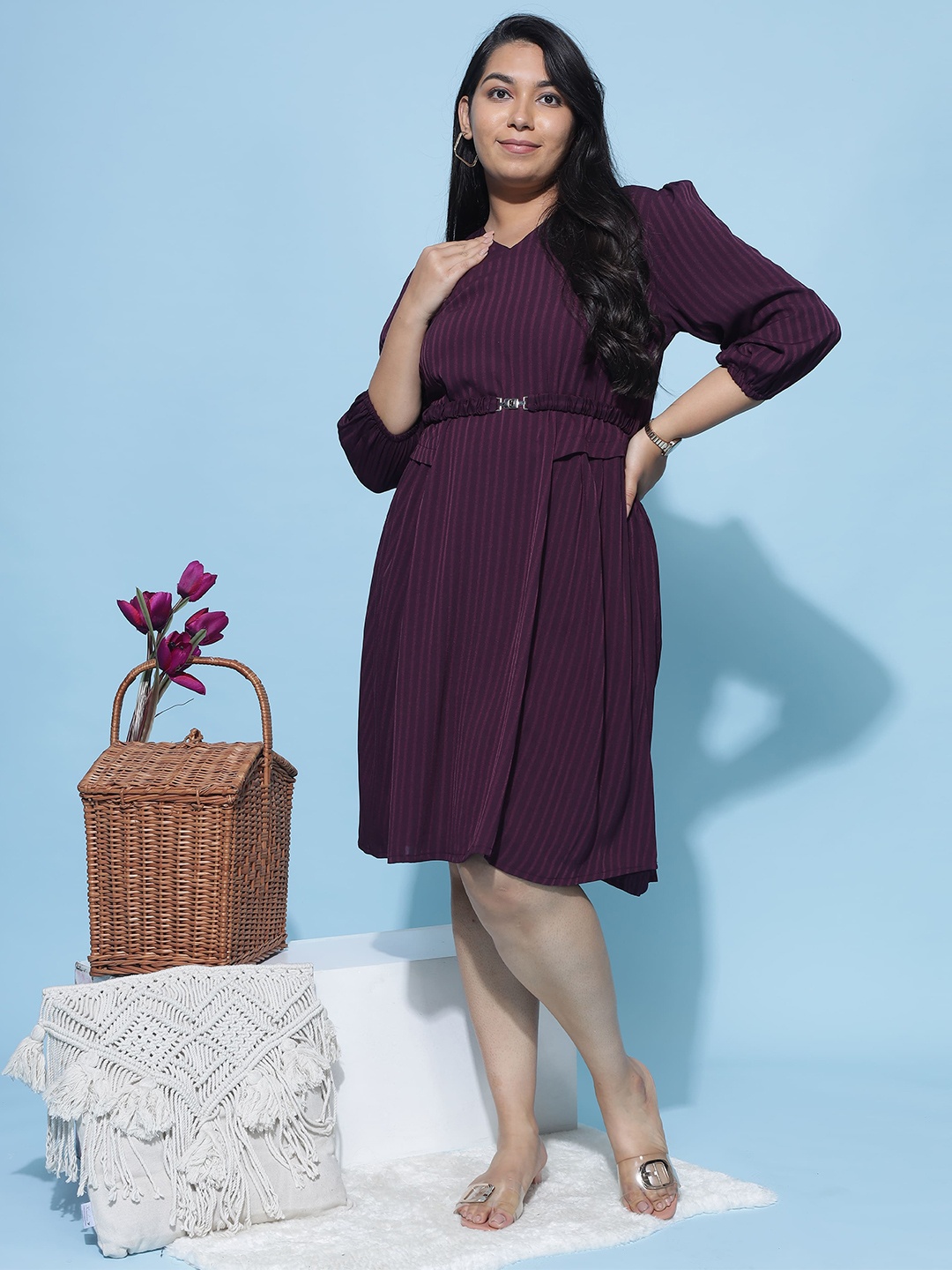 

9shines Label Plus Size Striped Puff Sleeves A-Line Dress, Pink