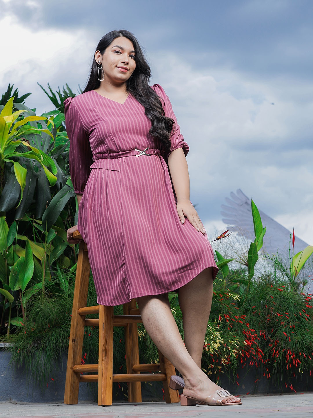 9shines Label Plus Size Striped Puff Sleeves A-Line Dress, Pink