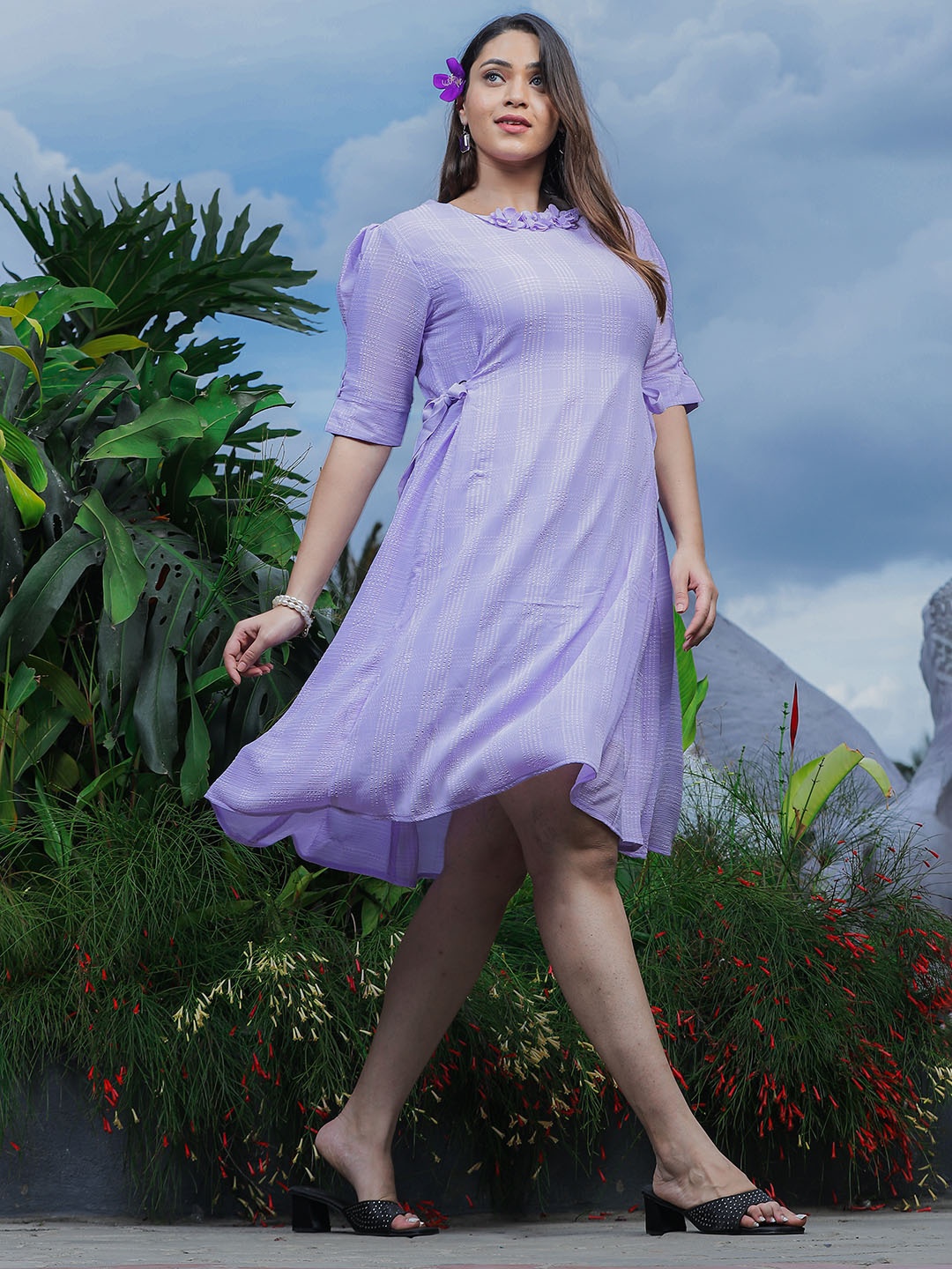 

9shines Label Plus Size Checked Puff Sleeves Tie-Ups A-Line Dress, Violet