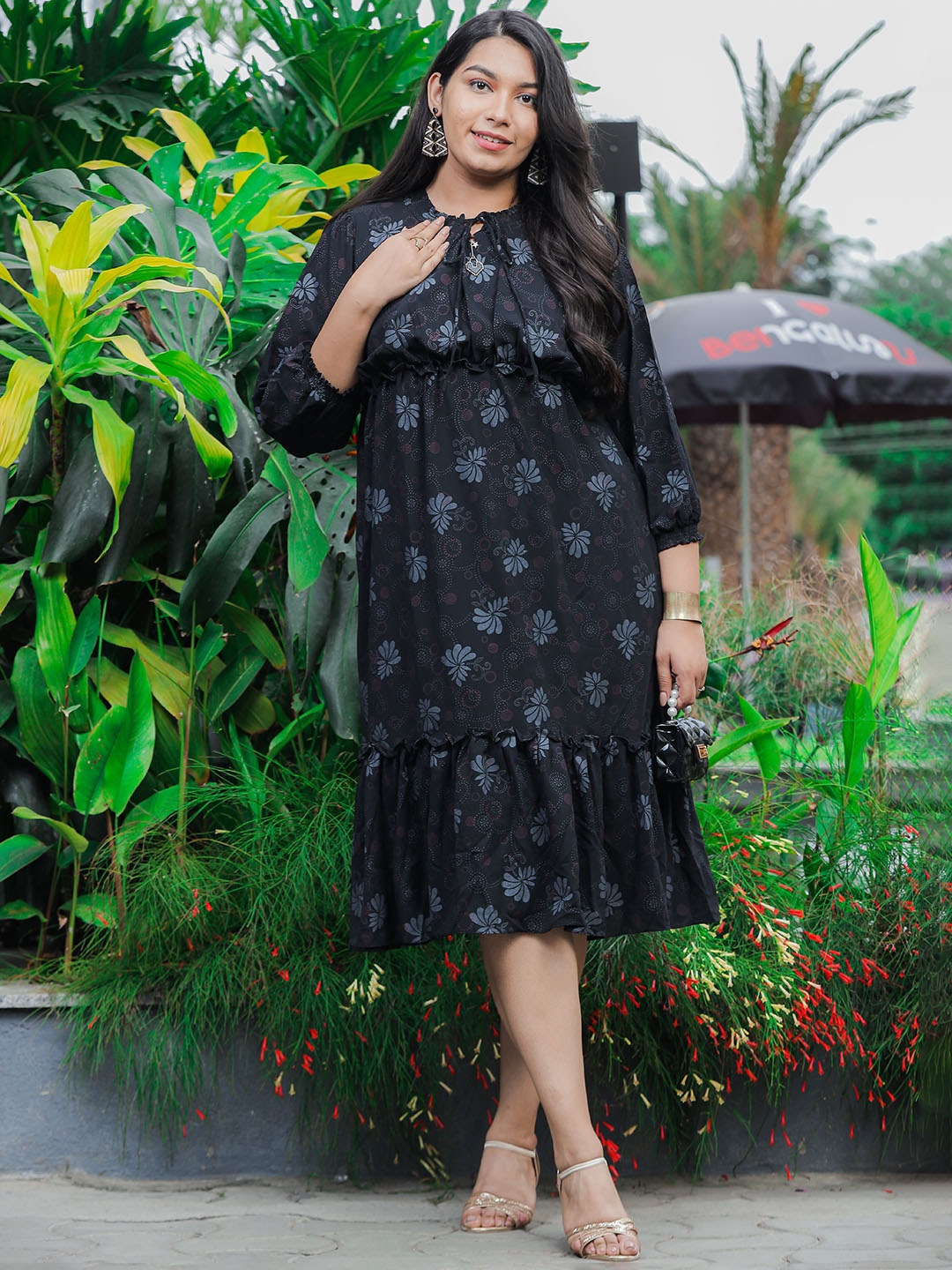 

9shines Label Plus Size Floral Printed Tie-Up Neck Flounce Hem A-Line Midi Dress, Black