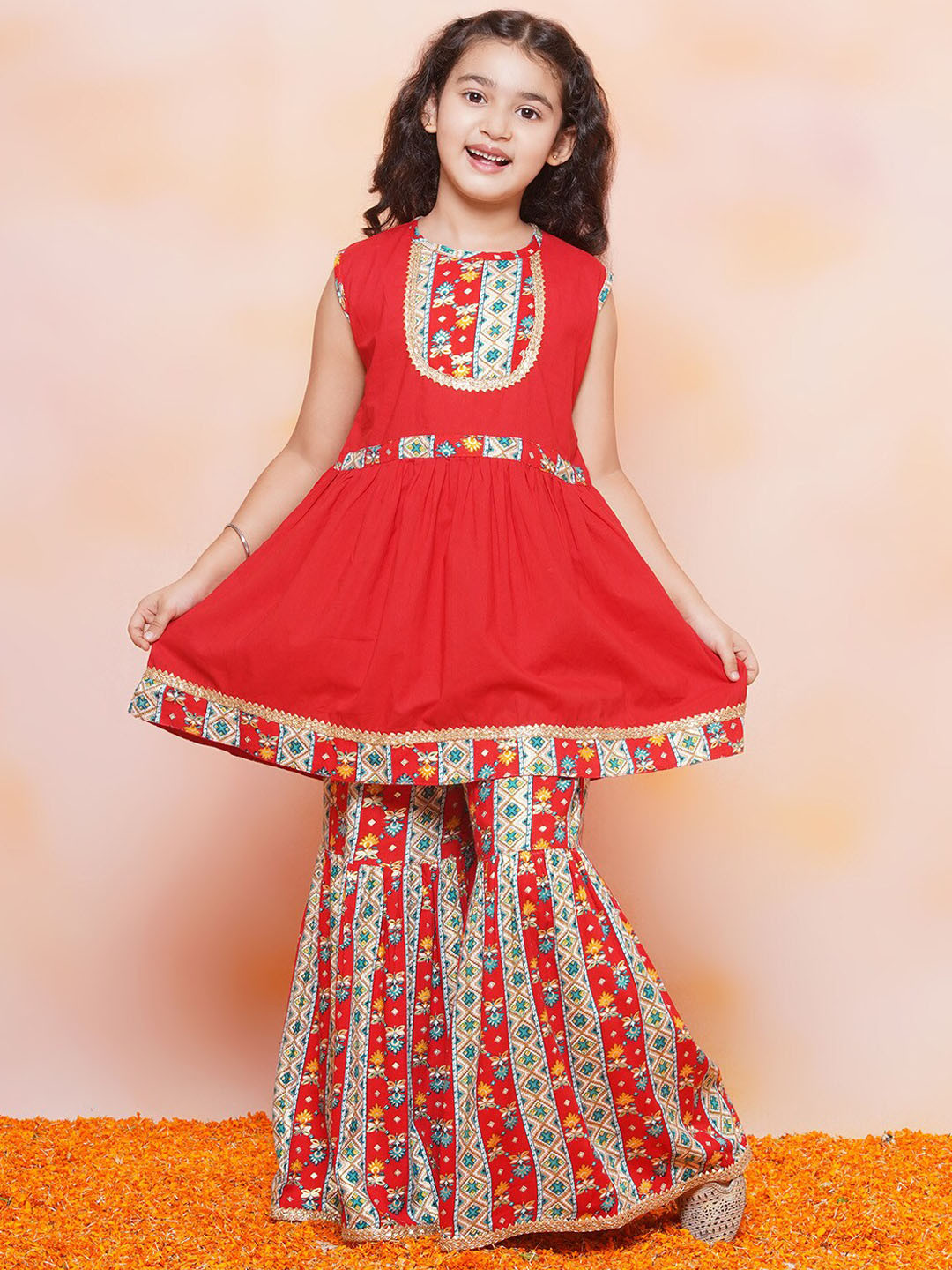 

Aj DEZInES Girls Ethnic Motifs Printed Yoke Gotta Patti Pure Cotton Kurti with Sharara, Red