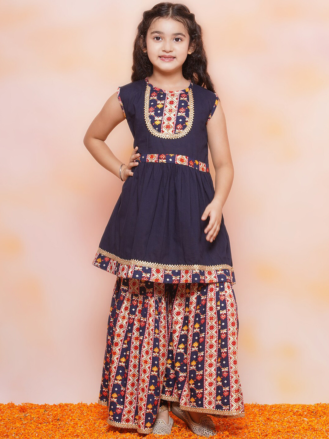 

Aj DEZInES Girls Floral Yoke Design Gotta Patti Pure Cotton Kurta with Sharara, Navy blue