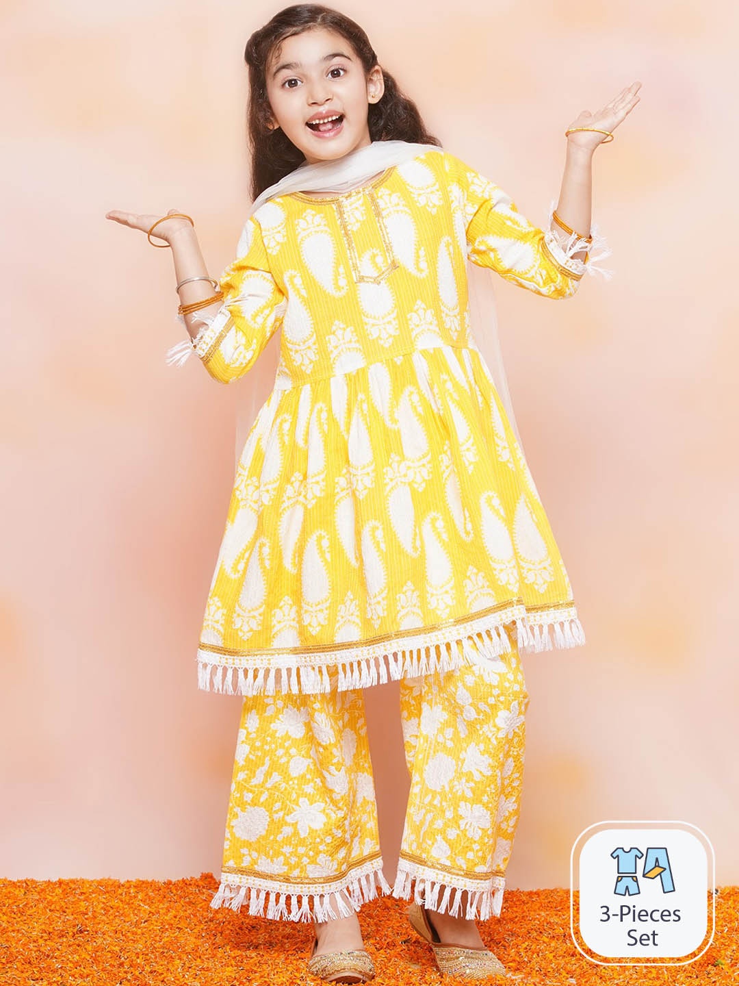 

Aj DEZInES Girls Paisley Printed Pure Cotton A-Line Kurta & Sharara With Dupatta, Yellow