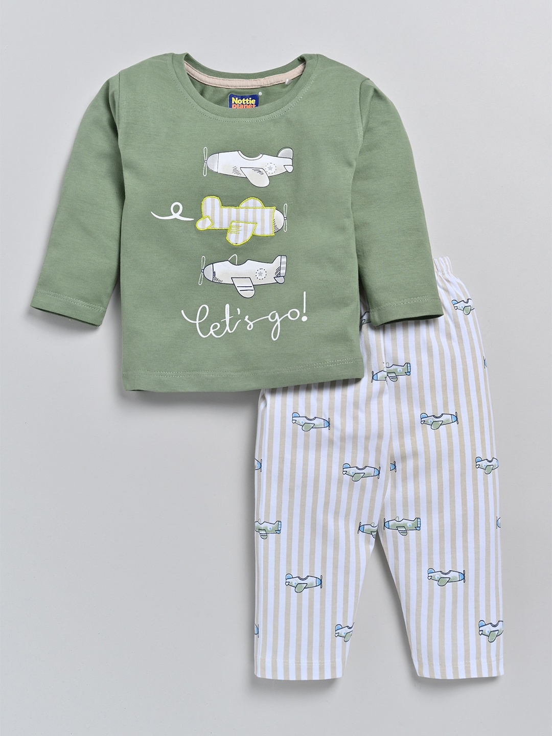 

Nottie Planet Boys Graphic Printed Pure Cotton T-Shirt With Trousers, Green
