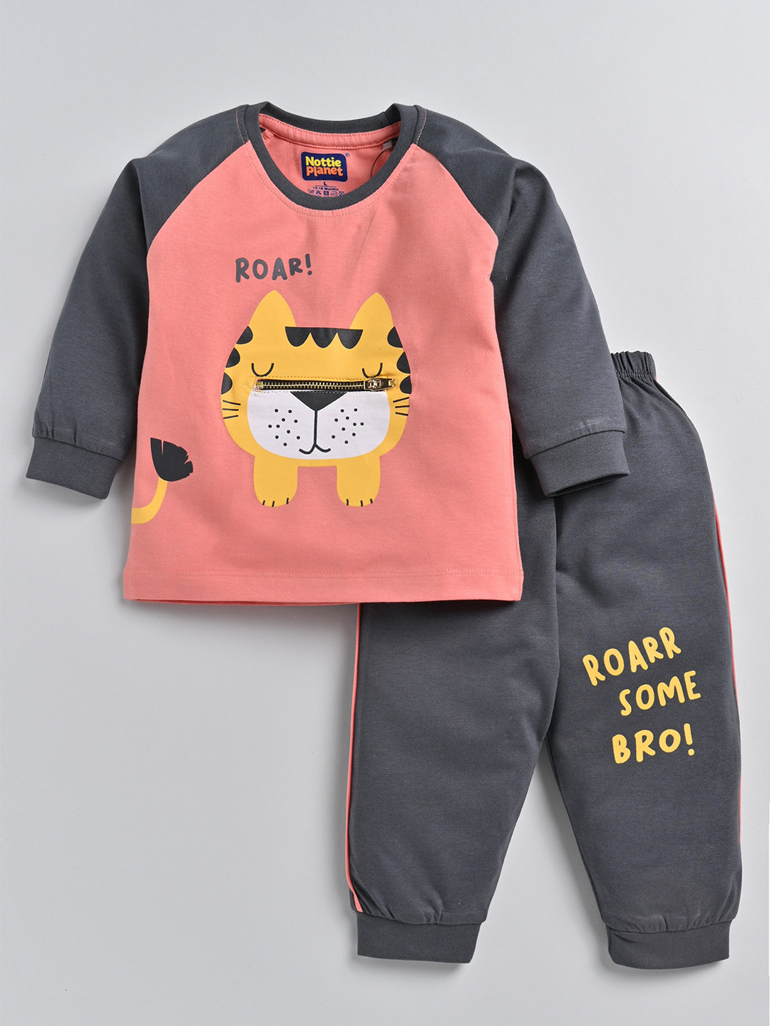 

Nottie Planet Boys Graphic Printed Pure Cotton T-Shirt With Joggers, Peach