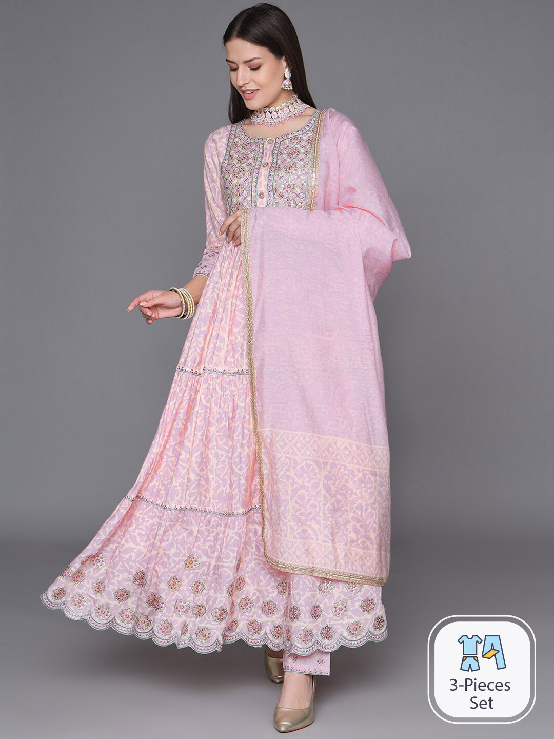 

HEEPOSH Floral Embroidered Kurta & Trousers With Dupatta, Pink