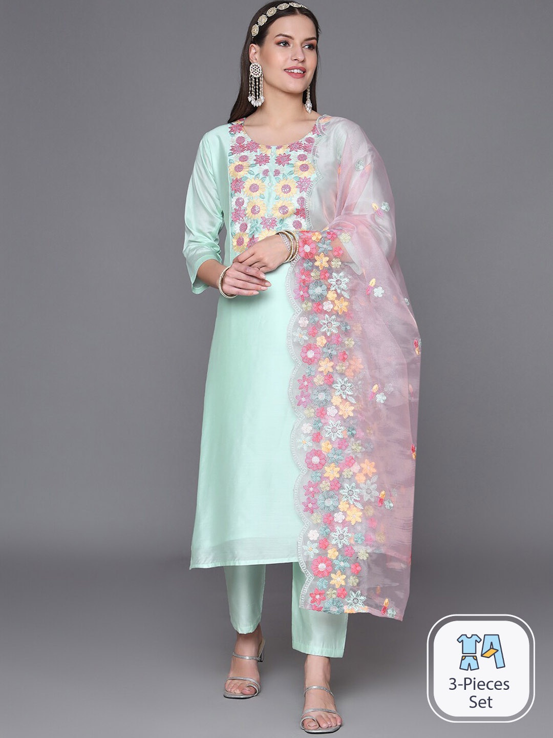 

HEEPOSH Floral Embroidered Sequinned Chanderi Silk Kurta With Trousers & Dupatta, Teal