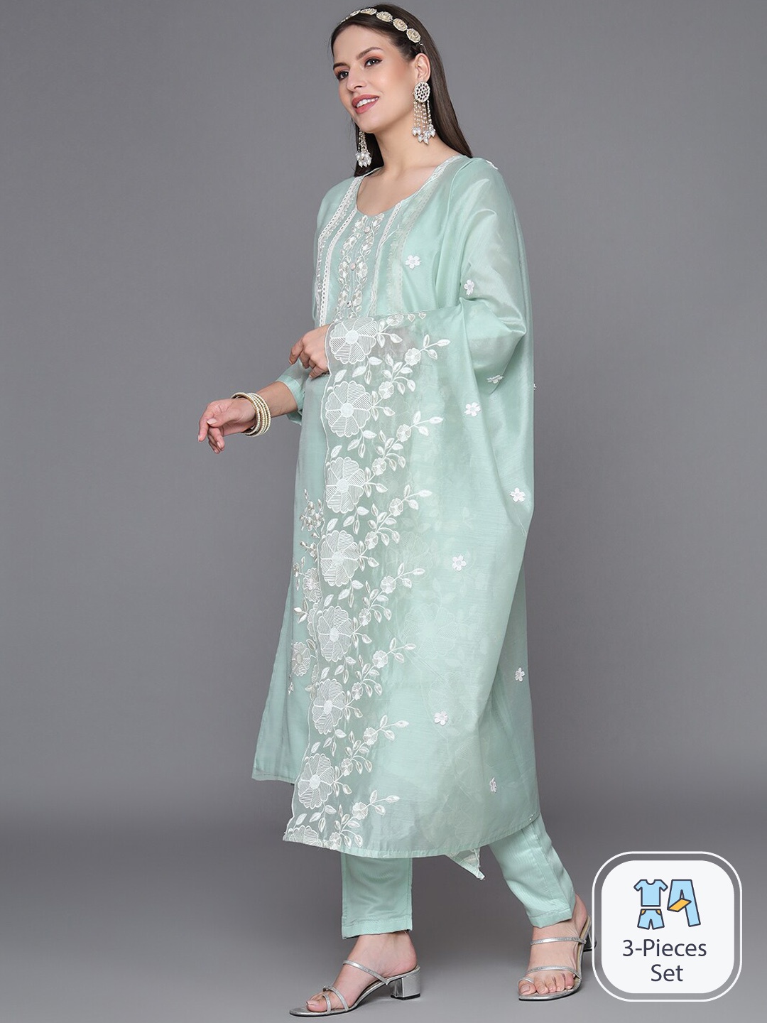 

HEEPOSH Floral Embroidered Chanderi Silk Kurta & Trousers With Dupatta, Blue