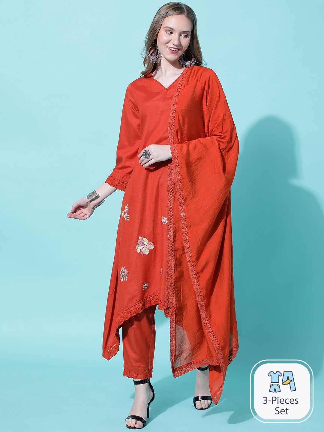 

HEEPOSH V-Neck Thread Work Detail A-Line Kurta & Trousers With Dupatta, Rust